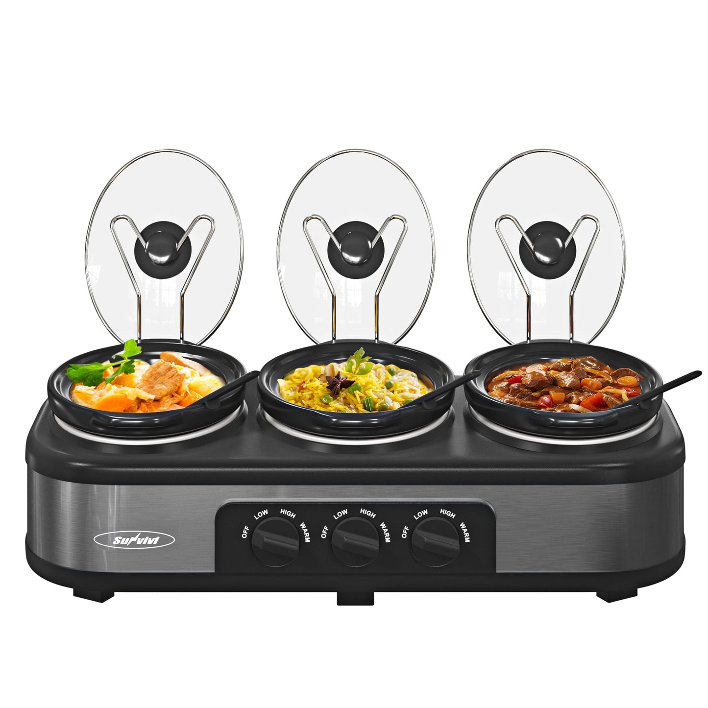 Triple Slow Cooker with 3 Spoons, 3 Pot 1.5 Quart Oval Crock Food Warmer Buffet Server, Stainless Steel