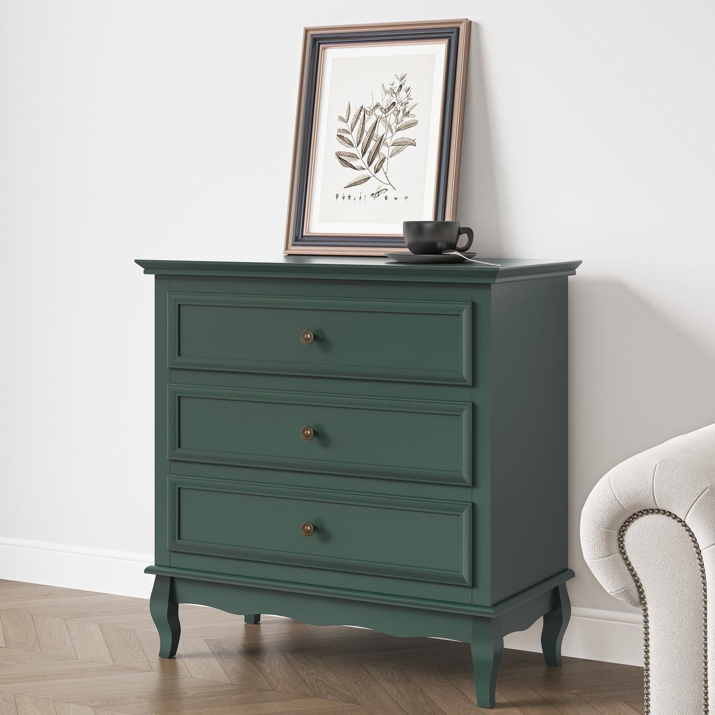 Green 3 Drawer Dresser, Modern Wood Chest, Silent Slide Organizer for Bedroom, Living Room