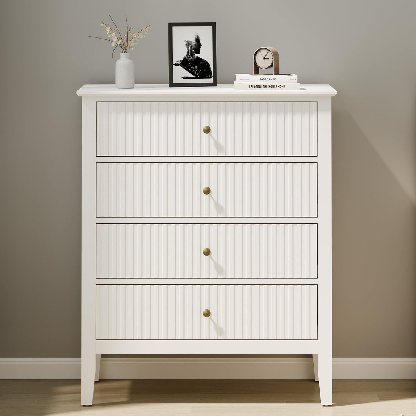 RoyalCraft White Fluted 4 Drawer Dresser for Bedroom, Modern Chest of Drawers, Wood Dresser for Storage Clothes, Wooden Storage Cabinet Nightstand for Bedroom, Hallway, Living Room, Entryway