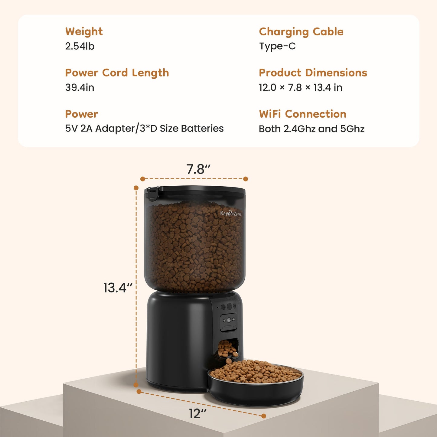 Smart Automatic Pet Feeder with HD Camera, WiFi App Control, Dual Power Supply & Voice Recording for Cats and Small Dogs, Black