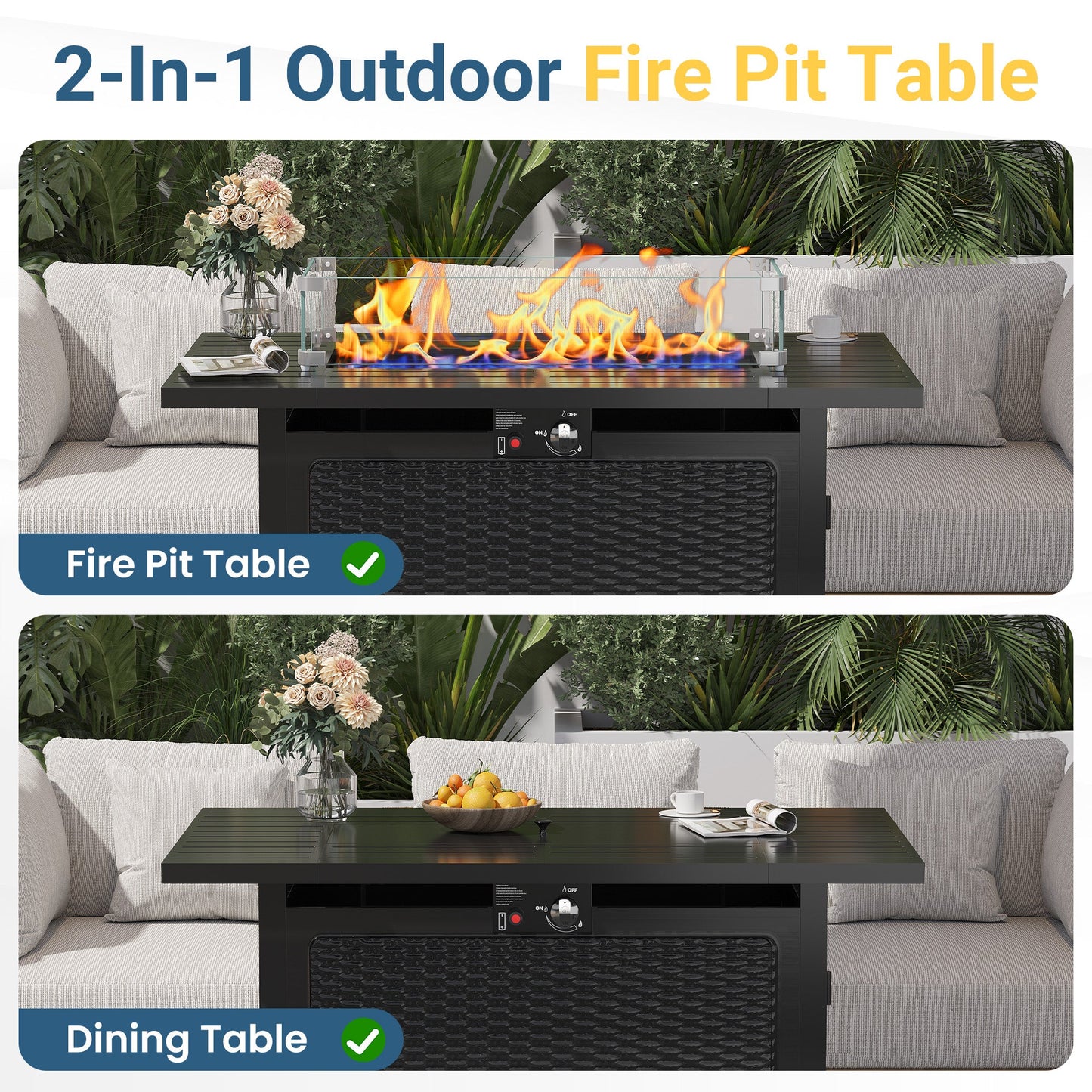 Royalcraft 2 in 1 Propane Fire Pit Table, 50000 BTU Gas Fire Pits Table with Removable Lid, Lava Rock and Cover, Rectangular Fire Table for Dining or Party on Patio, Garden, Yard, 43'', Black