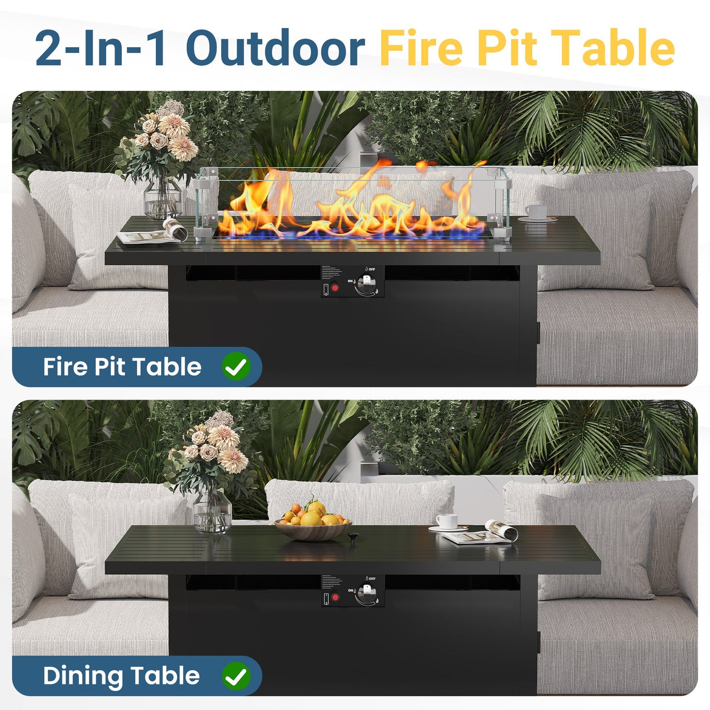 Royalcraft 2 in 1 Propane Fire Pit Table, 50000 BTU Gas Fire Pits Table with Removable Lid, Lava Rock and Cover, Rectangular Fire Table for Dining or Party on Patio, Garden, Yard, 43'', Black