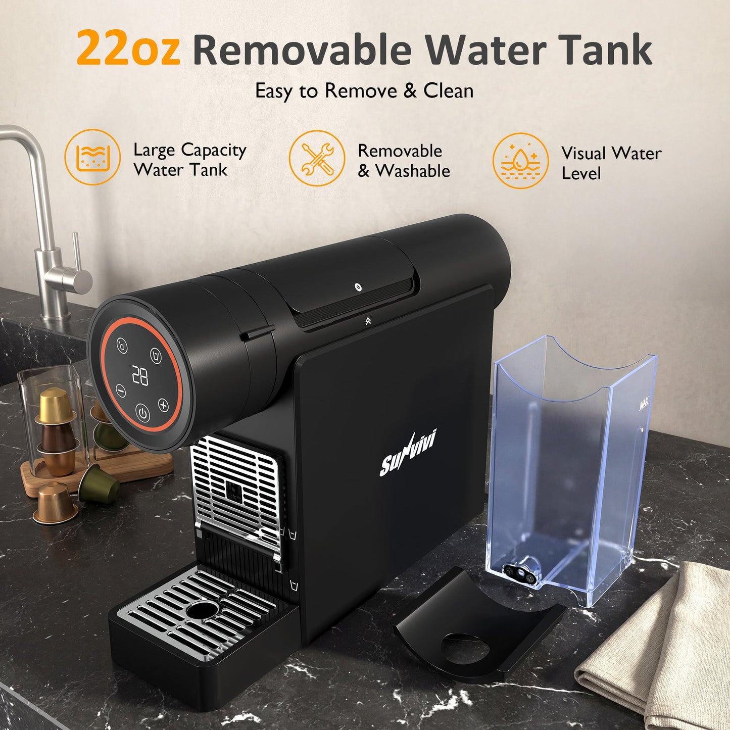 Heynemo Espresso Pod Machine for Home, Capsule Coffee Maker for NS Original Pods, 20 Bar Single Serve Mini Pod Maker with 22oz Removable Water Tank, Adjustable Cup Tray for Home & Office, Black