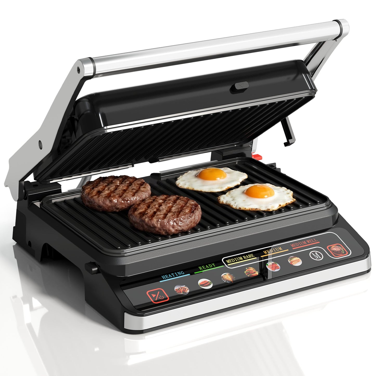3-in-1 Electric Grill Indoor, Panini Press & Sandwich Maker with Removable Plates, 1600W, 8 Cooking Modes, 180¡ã Flat Opening, Adjustable Temp, Ceramic Nonstick Dishwasher Safe, Stainless Steel