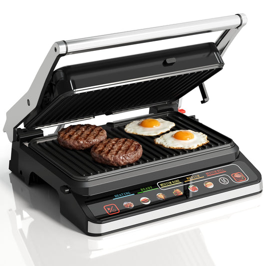3-in-1 Electric Grill Indoor, Panini Press & Sandwich Maker with Removable Plates, 1600W, 8 Cooking Modes, 180¡ã Flat Opening, Adjustable Temp, Ceramic Nonstick Dishwasher Safe, Stainless Steel