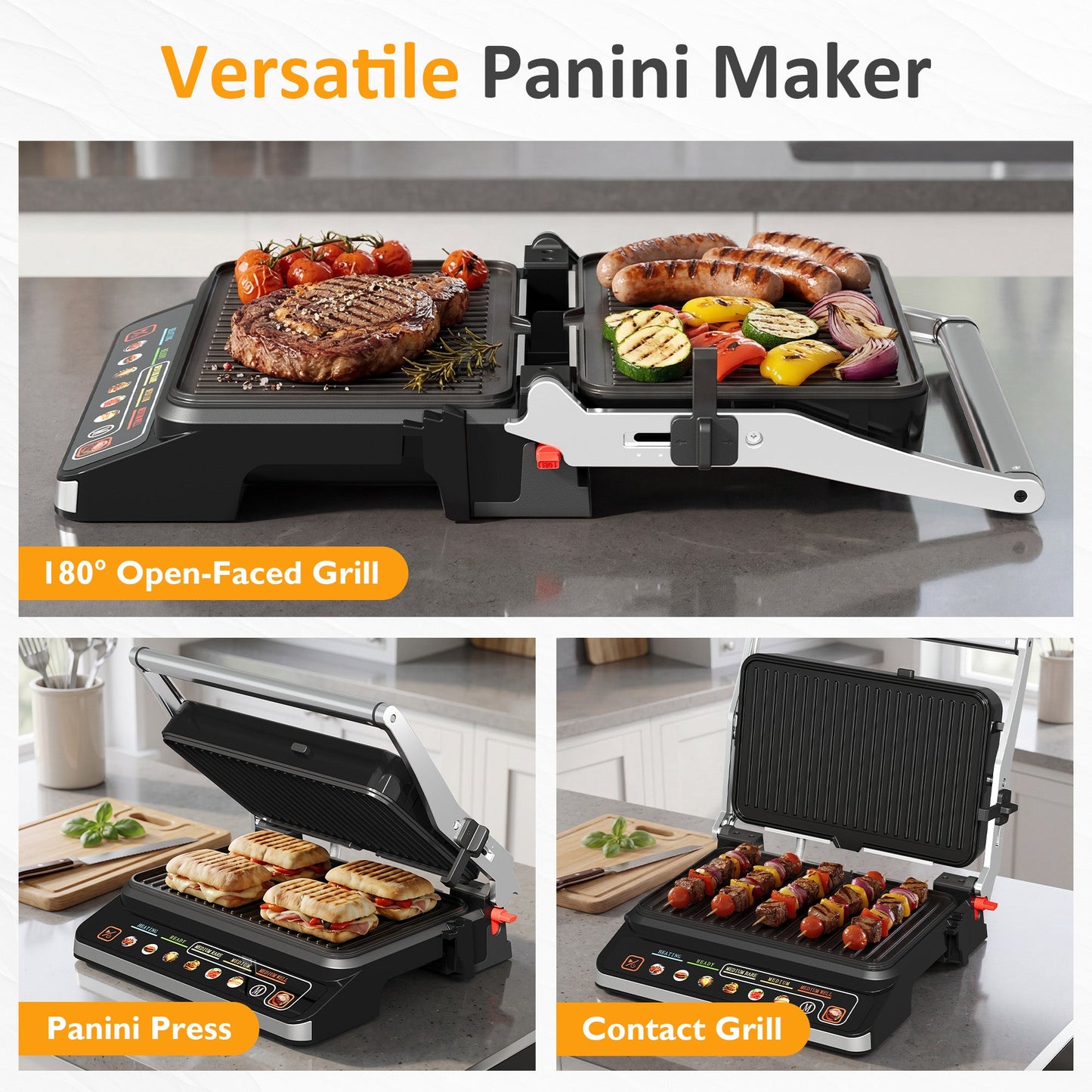 3-in-1 Electric Grill Indoor, Panini Press & Sandwich Maker with Removable Plates, 1600W, 8 Cooking Modes, 180¡ã Flat Opening, Adjustable Temp, Ceramic Nonstick Dishwasher Safe, Stainless Steel