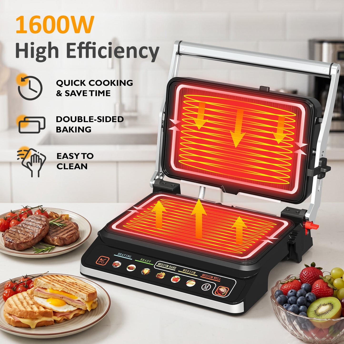 3-in-1 Electric Grill Indoor, Panini Press & Sandwich Maker with Removable Plates, 1600W, 8 Cooking Modes, 180¡ã Flat Opening, Adjustable Temp, Ceramic Nonstick Dishwasher Safe, Stainless Steel