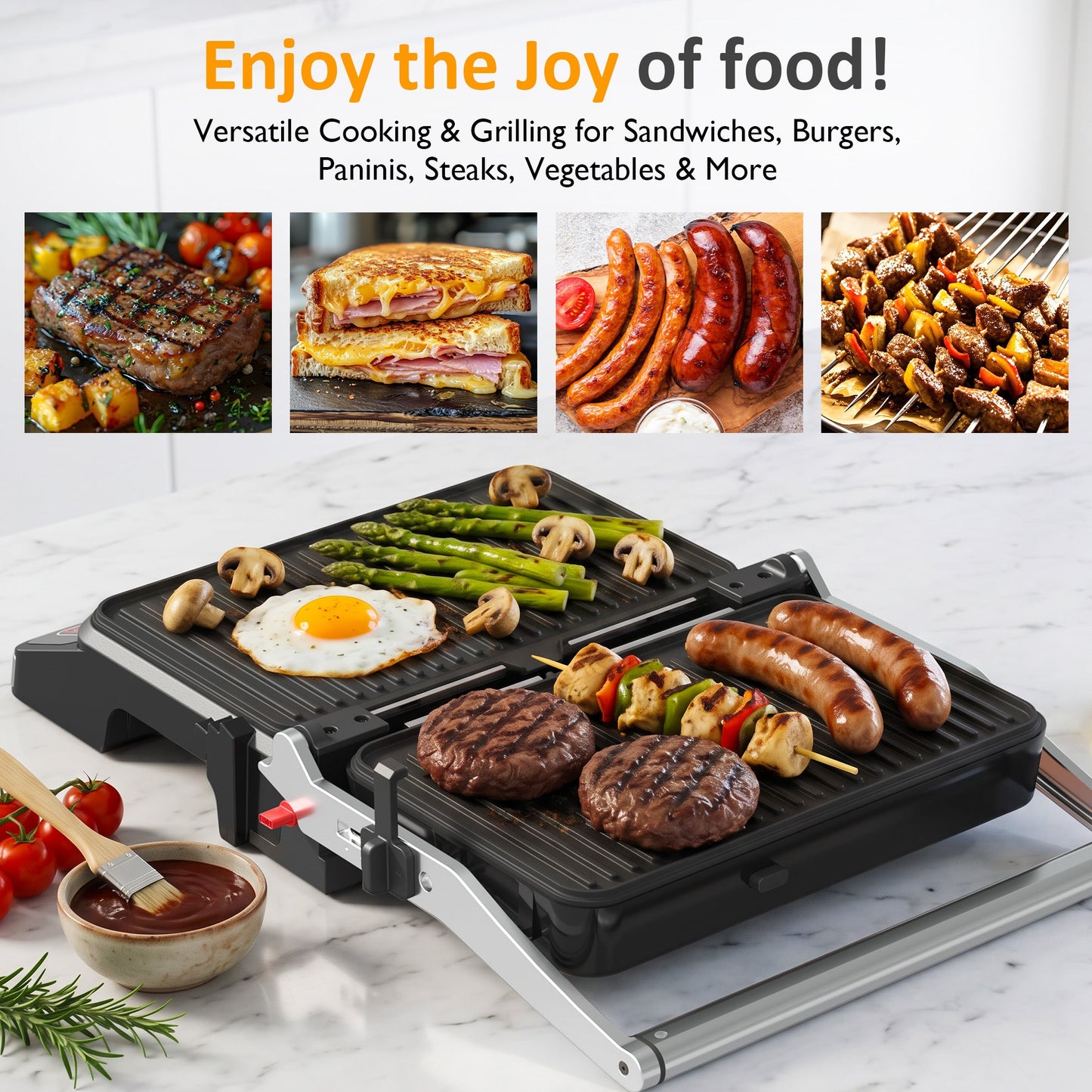 3-in-1 Electric Grill Indoor, Panini Press & Sandwich Maker with Removable Plates, 1600W, 8 Cooking Modes, 180¡ã Flat Opening, Adjustable Temp, Ceramic Nonstick Dishwasher Safe, Stainless Steel