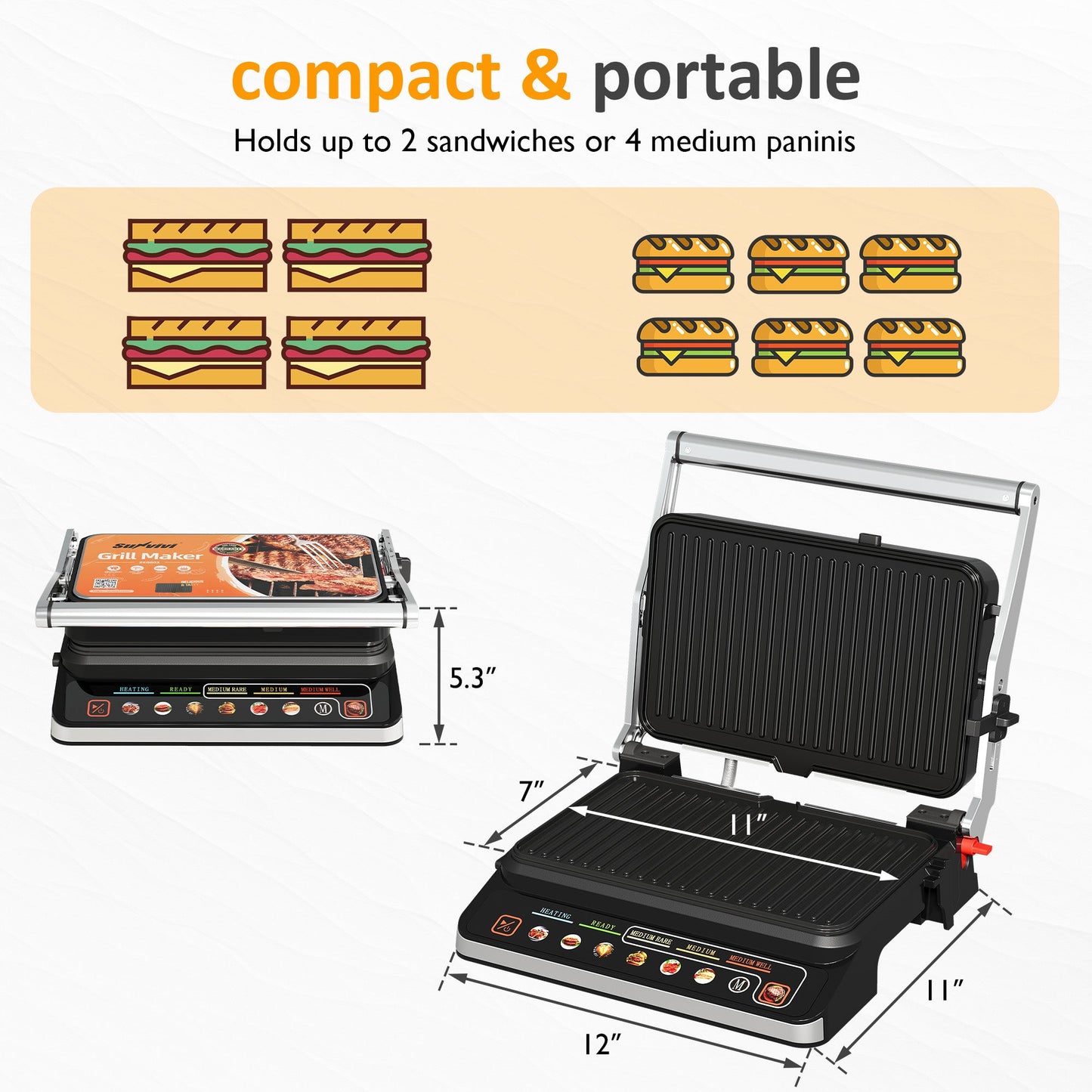 3-in-1 Electric Grill Indoor, Panini Press & Sandwich Maker with Removable Plates, 1600W, 8 Cooking Modes, 180¡ã Flat Opening, Adjustable Temp, Ceramic Nonstick Dishwasher Safe, Stainless Steel