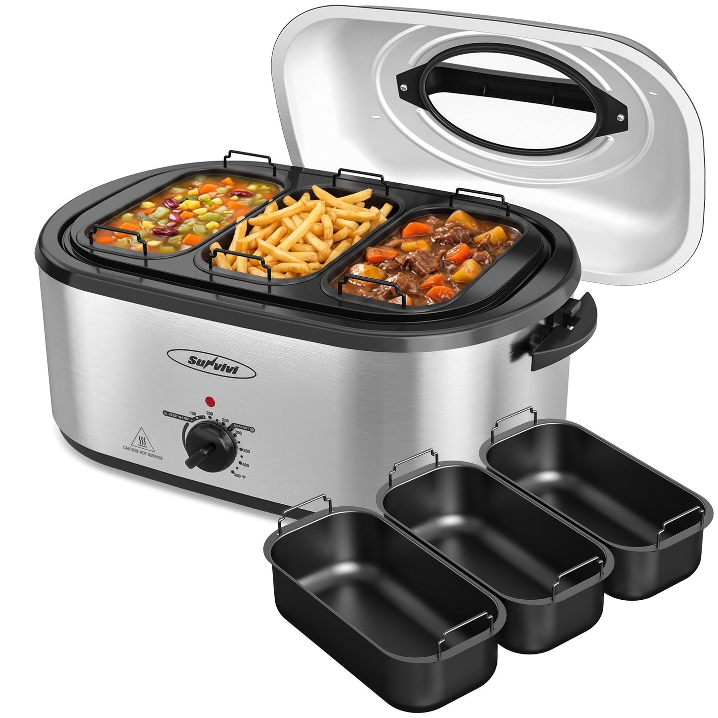 Heynemo 24 QT Electric Roaster Oven with 3 Compartments, Self-Basting Lid, Red