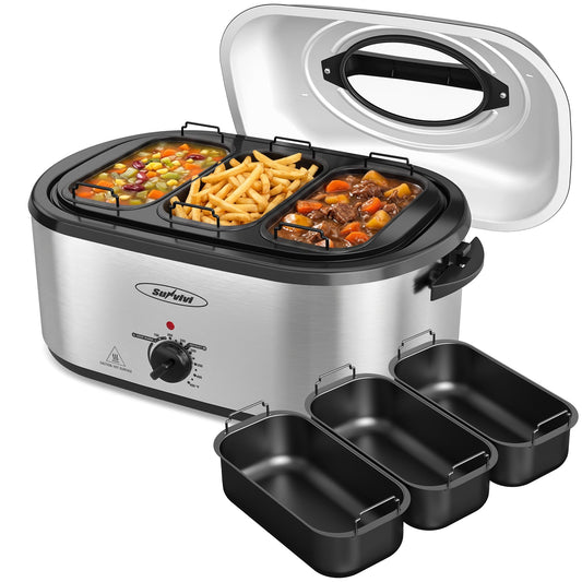 Heynemo 24 QT Electric Roaster Oven with 3 Compartments, Self-Basting Lid, Red