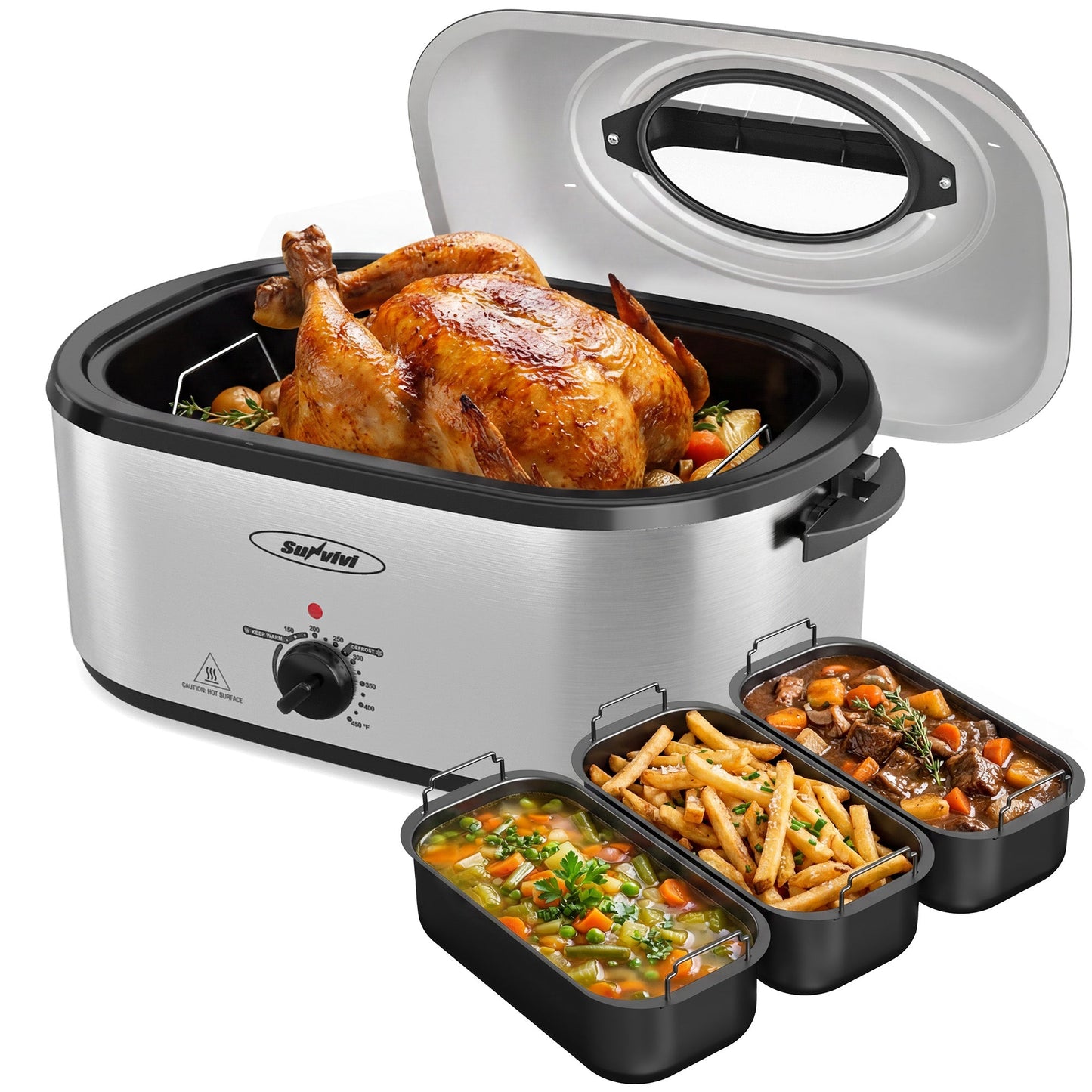Heynemo 24 QT Electric Roaster Oven with 3 Compartments, Self-Basting Lid, Red