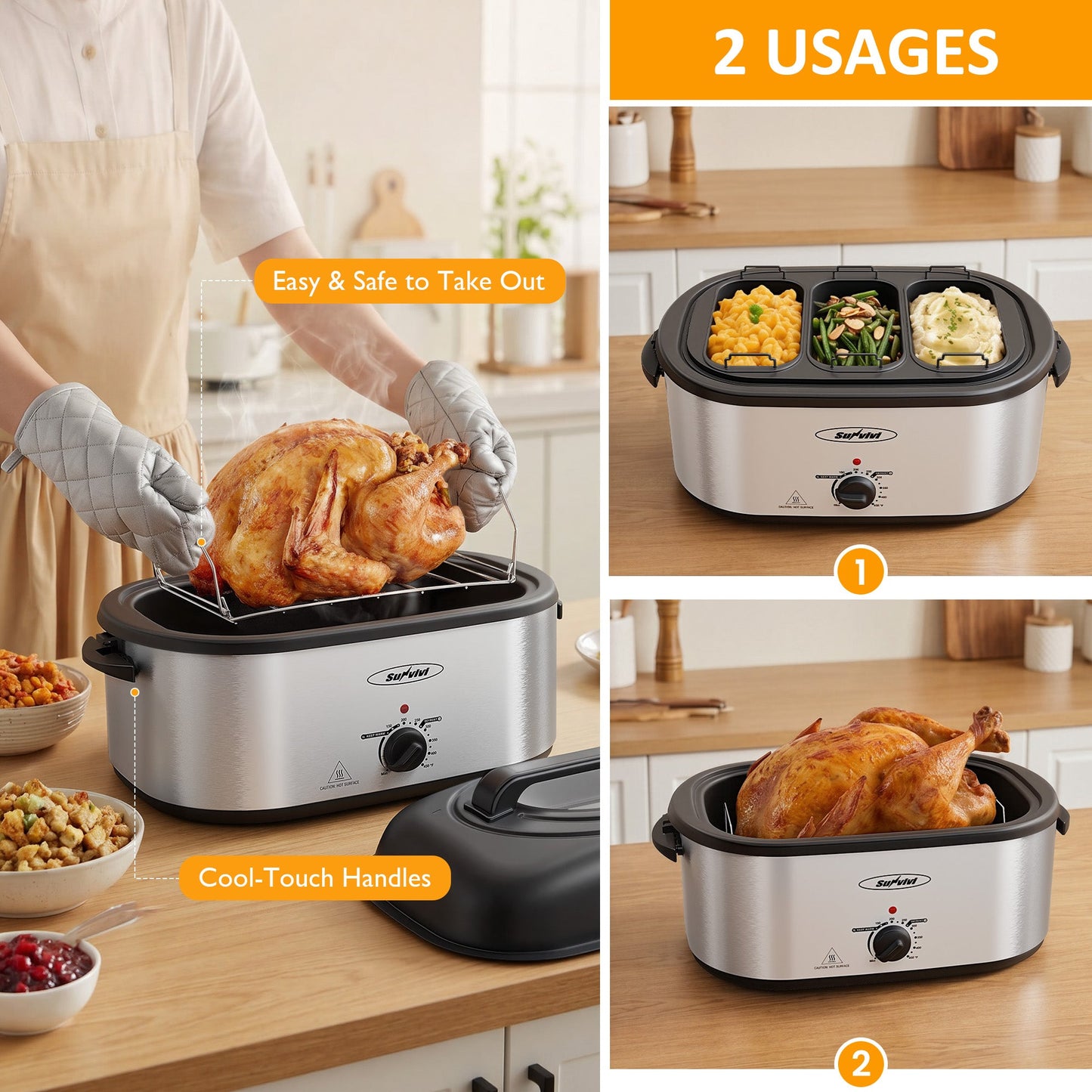 Heynemo 24 QT Electric Roaster Oven with 3 Compartments, Self-Basting Lid, Dark Blue