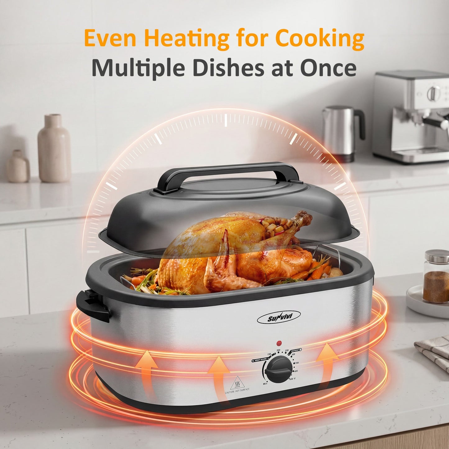 Heynemo 24 QT Electric Roaster Oven with 3 Compartments, Self-Basting Lid, Dark Blue