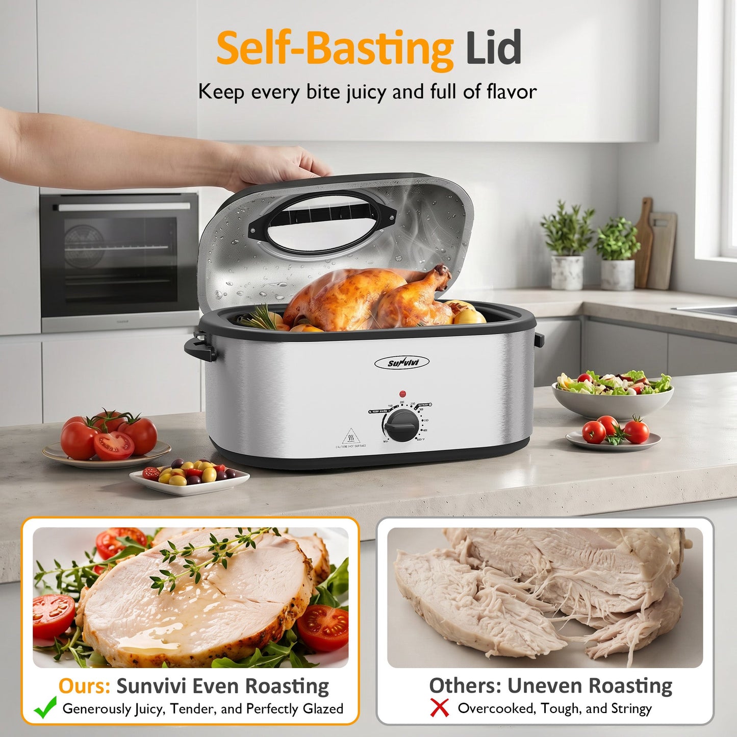 Heynemo 24 QT Electric Roaster Oven with 3 Compartments, Self-Basting Lid, Silver