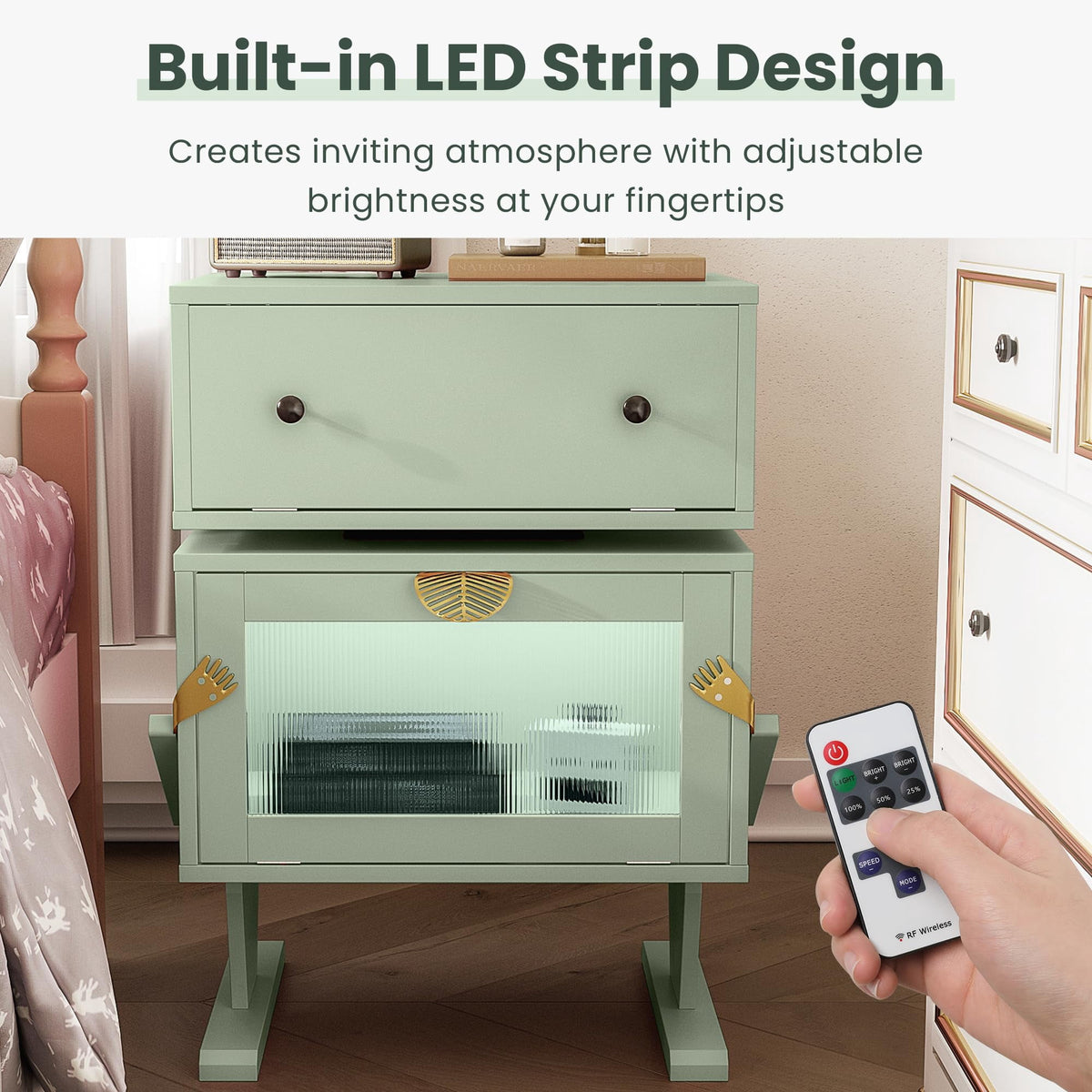 May in Color Nightstand with LED Light Strips, Modern End Table with 360¡ã Rotating Drawer, Bedside Table with Glass Door Storage, Wood Night Stand Cabinet for Living Room, Bedroom, Green