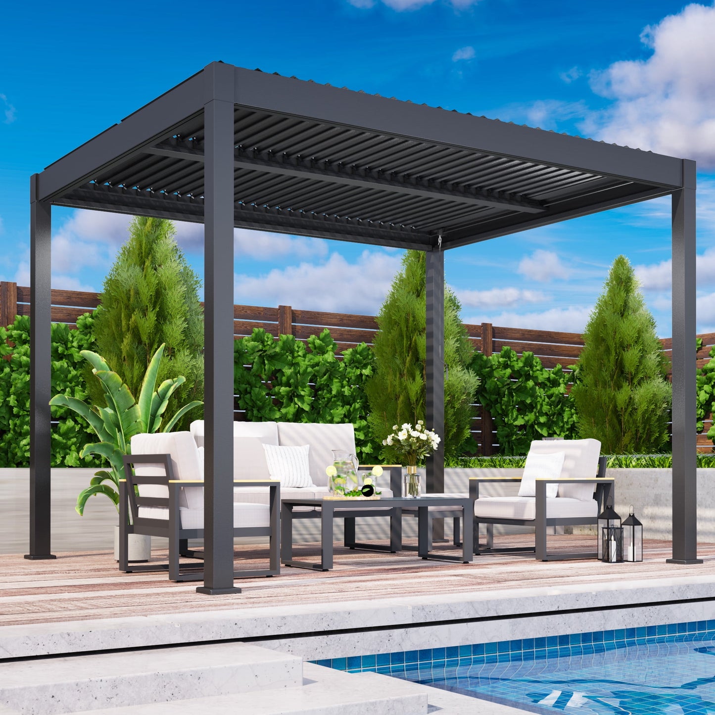 Heynemo 10' x 12' Aluminum Louvered Pergola with Adjustable Roof for Patio, Deck and Garden, Elegance Outdoor Shade