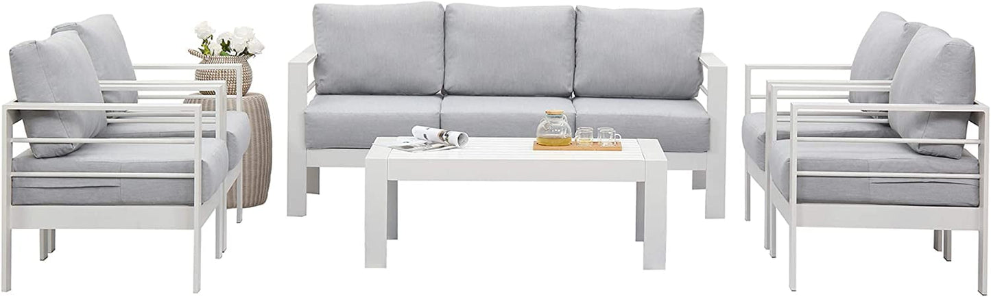 Superjoe Outdoor 2 Seats Patio Aluminum Loveseat Furniture, All-Weather Sofa Couch White Metal Chair with Cushions, Light Grey