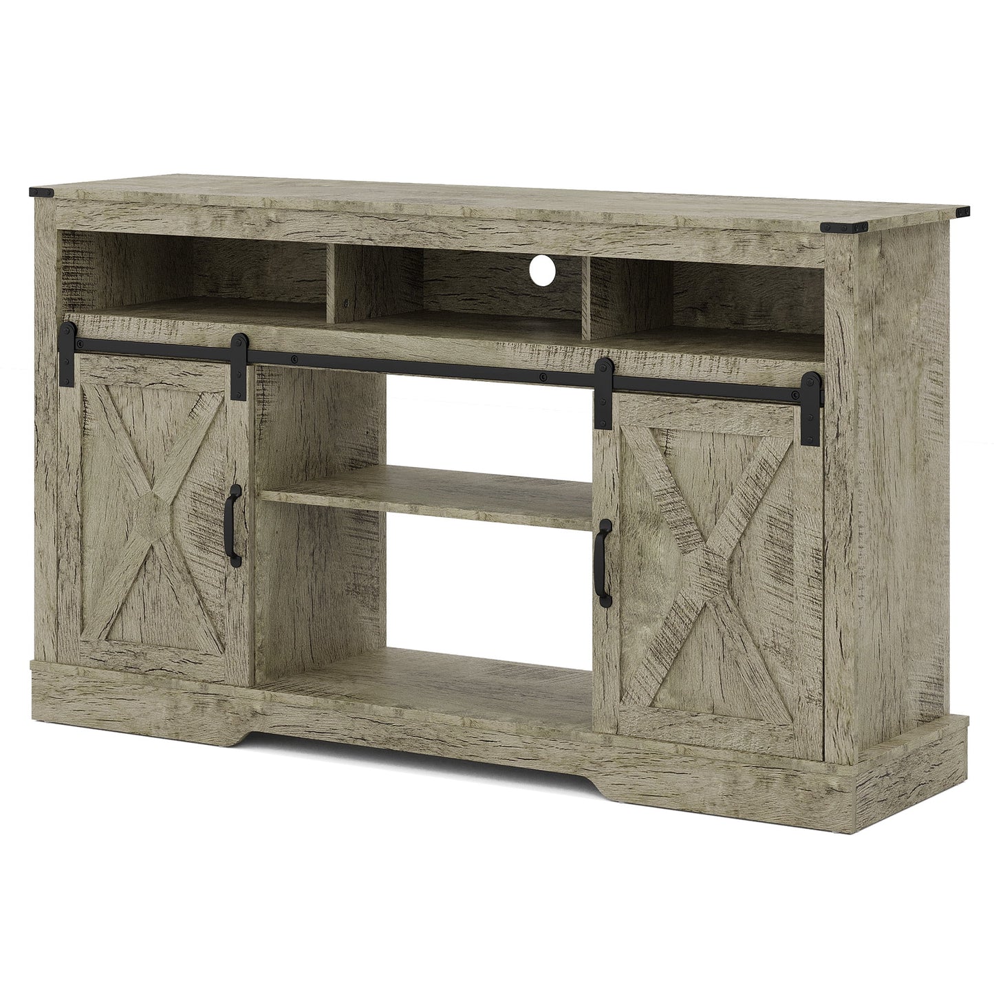 May in Color TV Stand Farmhouse 34 Inch Tall for 65 Inch TV with Sliding Bar Door, Light Grey