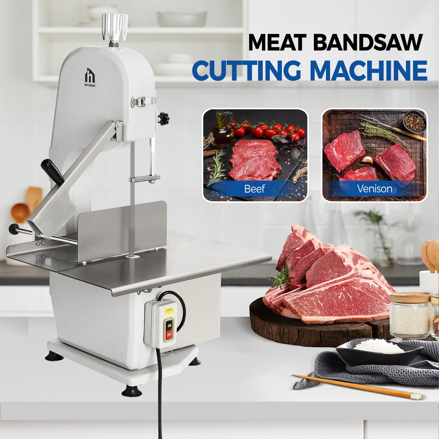 Sunvivi 1500W Electric Meat Saw, Bone Cutting Bandsaw with 5 Blades, Adjustable Thickness for Beef, Pork, Chicken, Fish