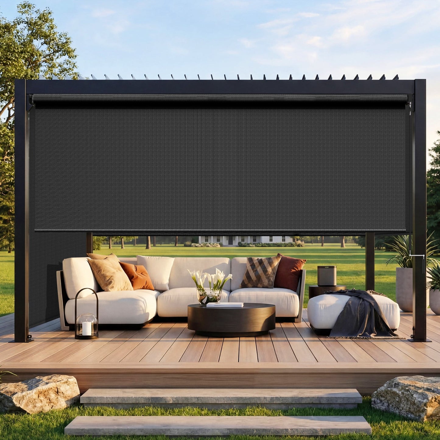 Heynemo 6'x 8' Outdoor Roller Shade, Cordless Patio Shade with Crank Handle, 95% UV Protection Outdoor Blind for Porch, Gazebo, Pergola, Black