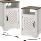 Mayincolor White Nightstand Set of 2 with Charging Station, Tall Farmhouse Bedside Table with Herringbone Design, Wooden Rustic End Table with Large Storage Cabinets and Shelf for Bedroom