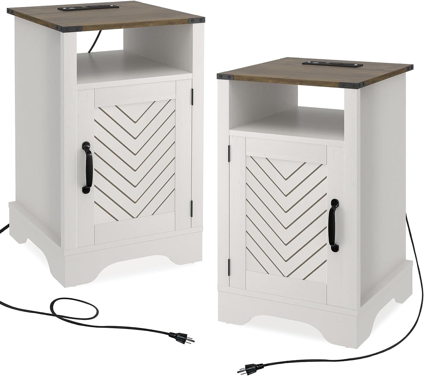 Mayincolor White Nightstand Set of 2 with Charging Station, Tall Farmhouse Bedside Table with Herringbone Design, Wooden Rustic End Table with Large Storage Cabinets and Shelf for Bedroom