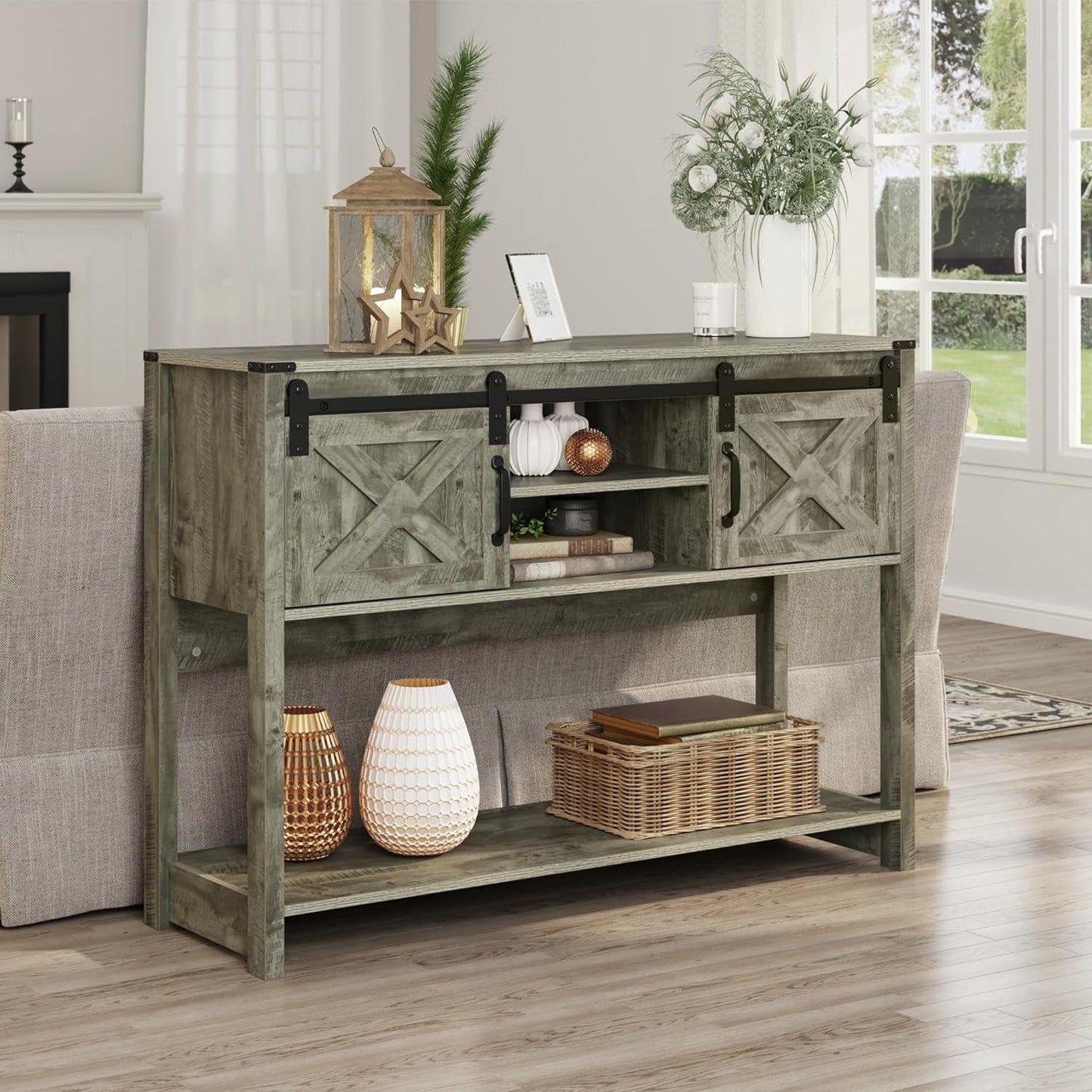 May in Color Entryway Table with Storage Cabinets, 46" Modern Farmhouse Console Table with Sliding Barn Door, for Hallway, Living Room, Foyer, Light Grey