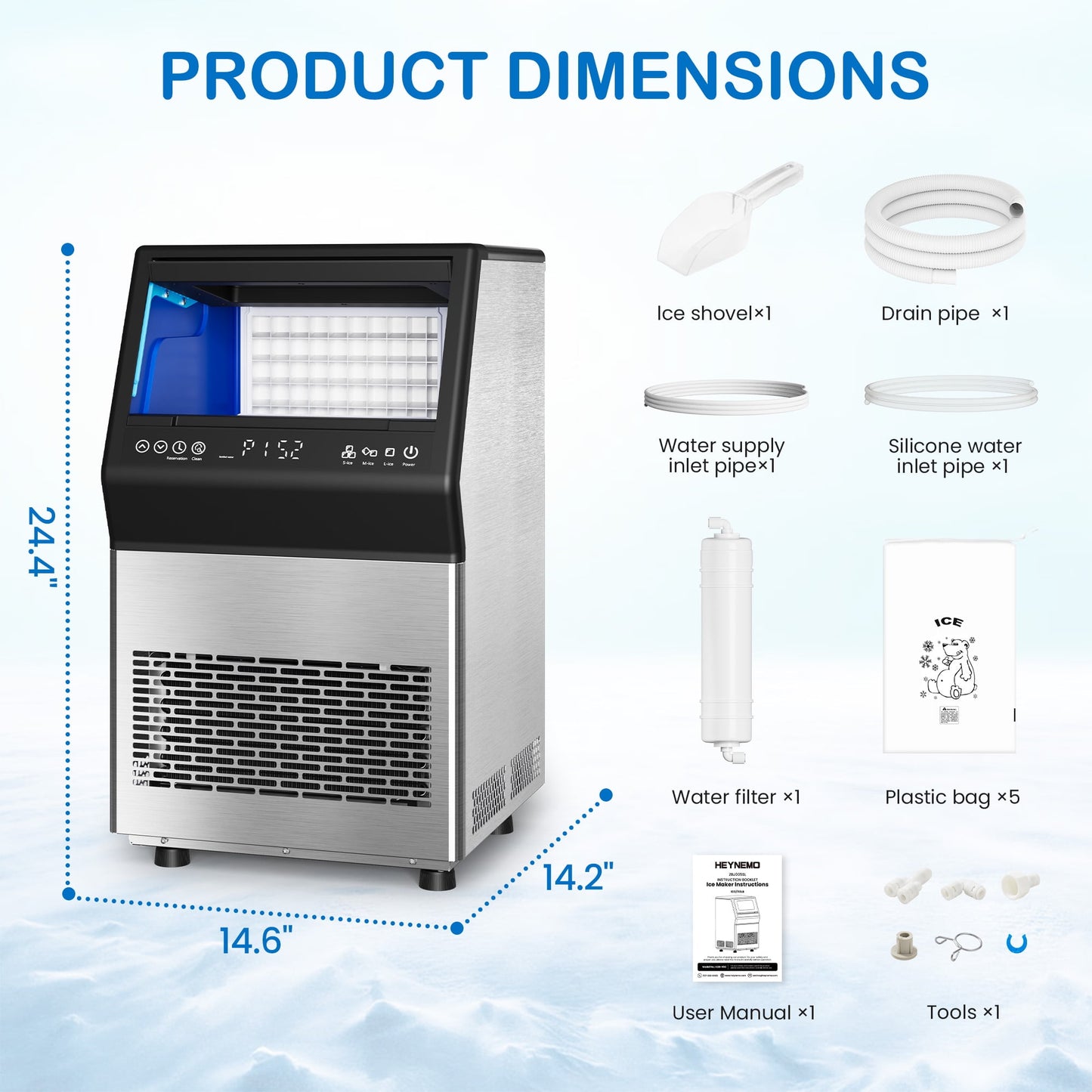 Heynemo commercial Cube Ice Maker Machine: 88-110 lbs/24H, 8-15 Minutes Fast Ice Production, Large Ice Maker with Dual Water Supply, Energy-Efficient for Home, Bar & Restaurant, Sliver