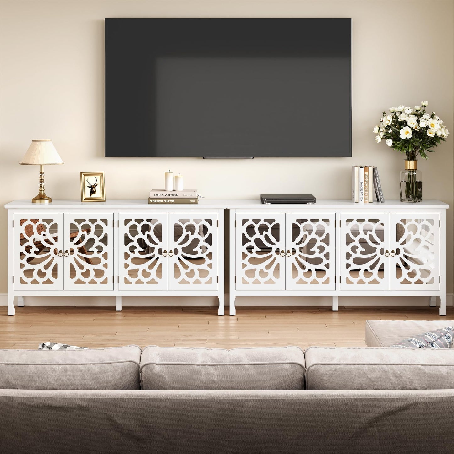 Heynemo Carved Sideboard Cabinet with Storage, 63'' Modern Buffet Cabinet with Mirrored Door and Adjustable Shelves, Accent Cabinet for Entryway, Dining Room, Living Room, White