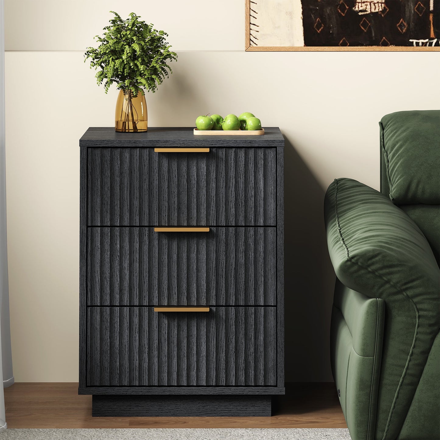 Heynemo Low 3-Drawer Dresser Set of 2, Modern Storage Cabinet with Wavy Drawers for Bedroom, Hallway, or Living Room, Black