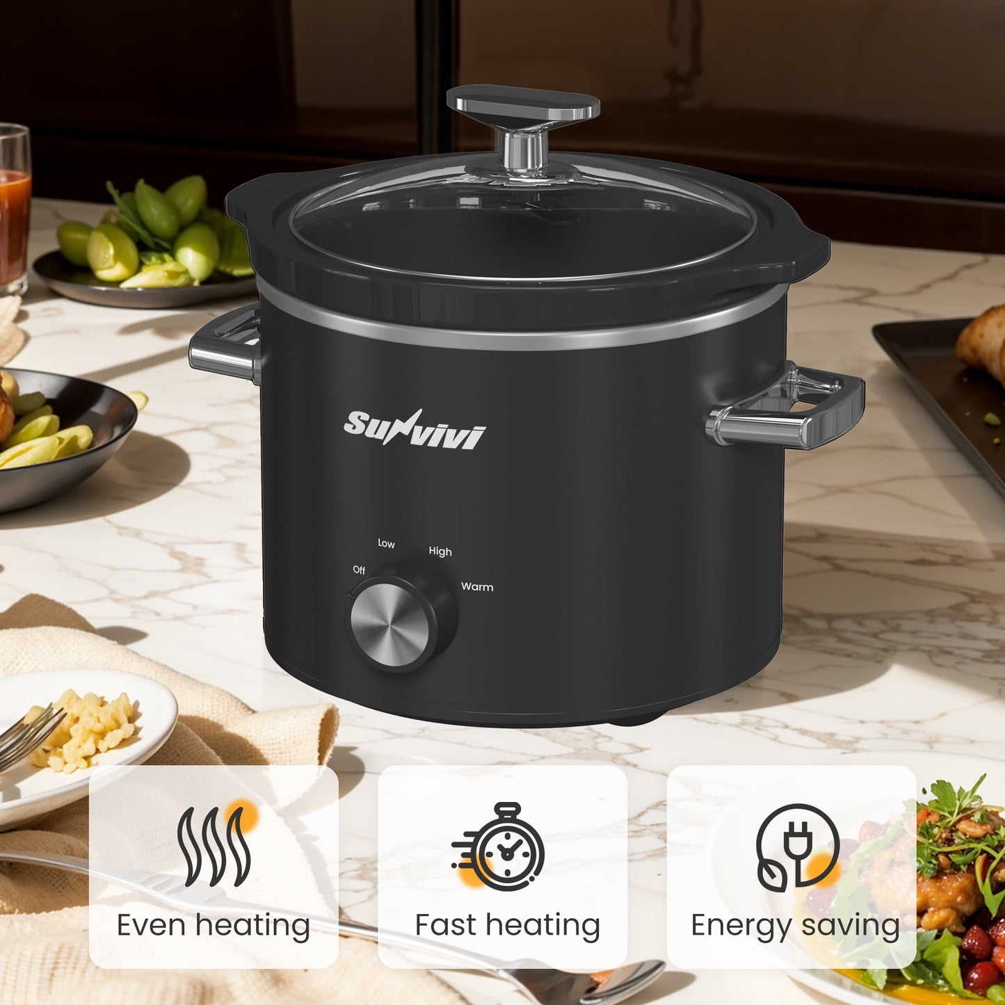 2QT Small Slow Cooker with Removable Ceramic Pot, 3 Heating Settings, Dishwasher-Safe Glass Lid, Black