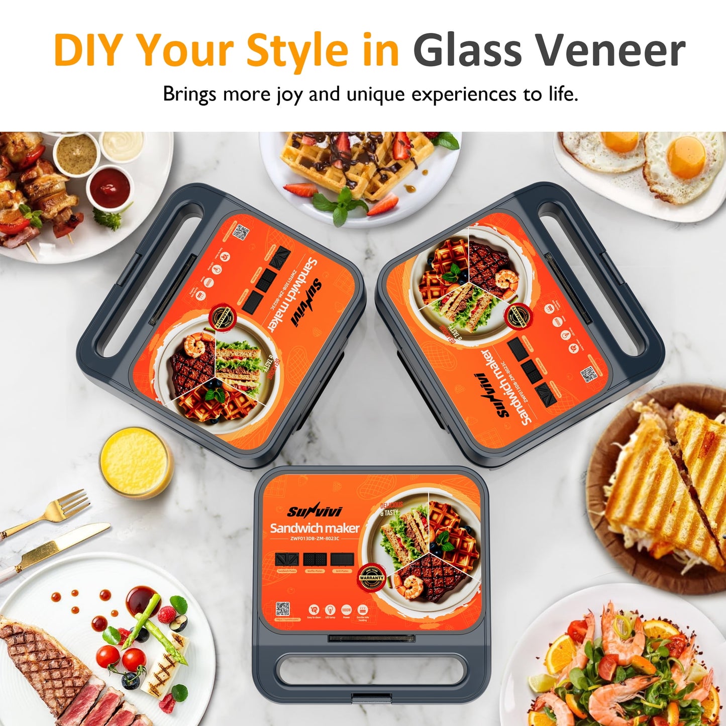 Heynemo Versatile 3-in-1 Waffle Maker & Panini Press, 1000W Electric Sandwich Maker with Removable Non-Stick Plates, Tempered Glass Lid, Cool Touch Handle & Easy Cleanup-2