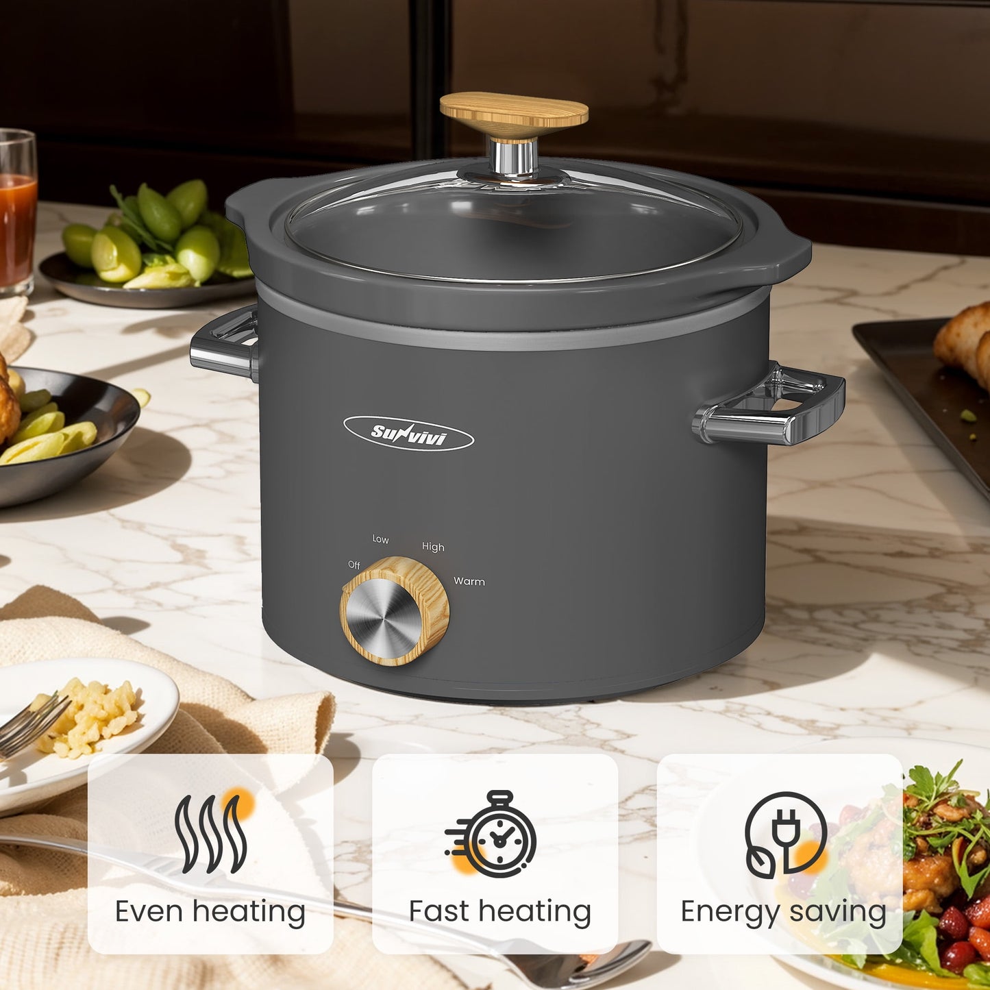 Sunvivi 2 Quart Slow Cooker with Removable Ceramic Pot, 3 Heating Settings, Gray