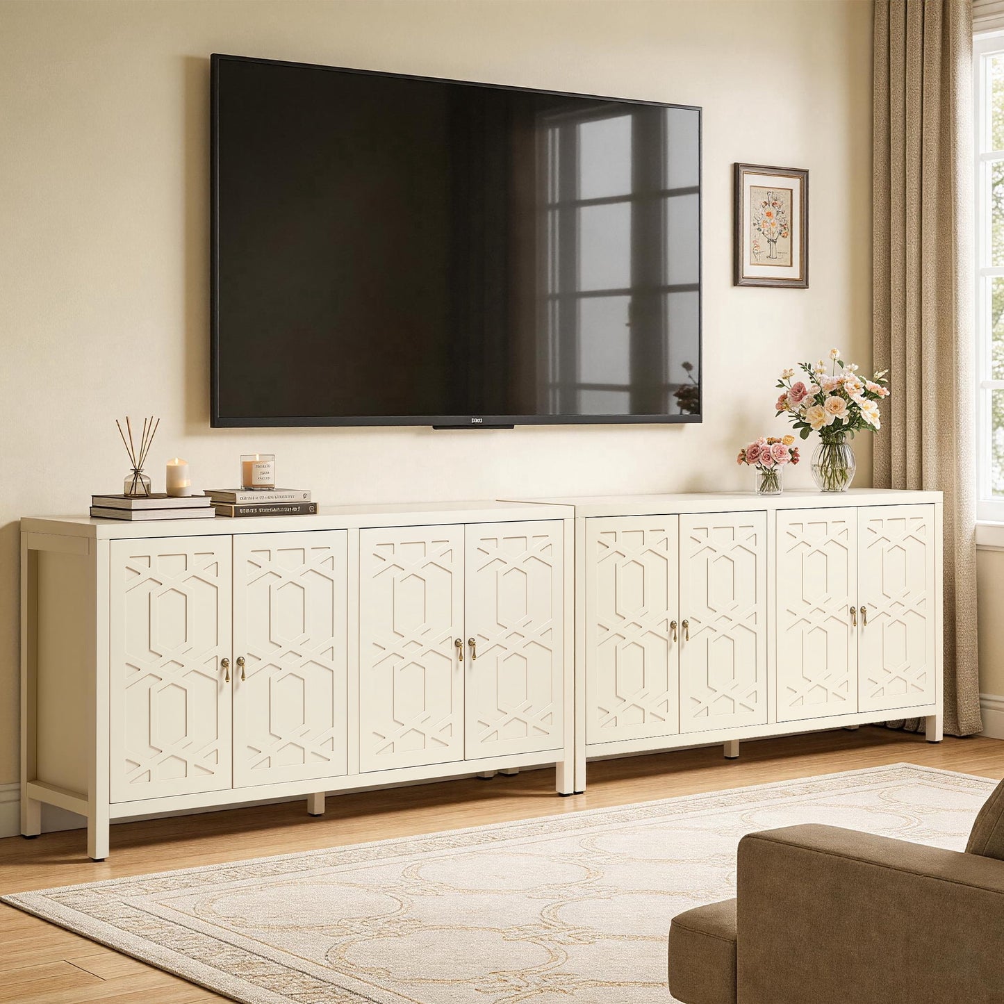 May in Color 60'' Modern Sideboard Cabinet with Adjustable Shelves and 4 Doors, Ideal for Entryway, Living Room, Dining Room, Bedroom, Beige