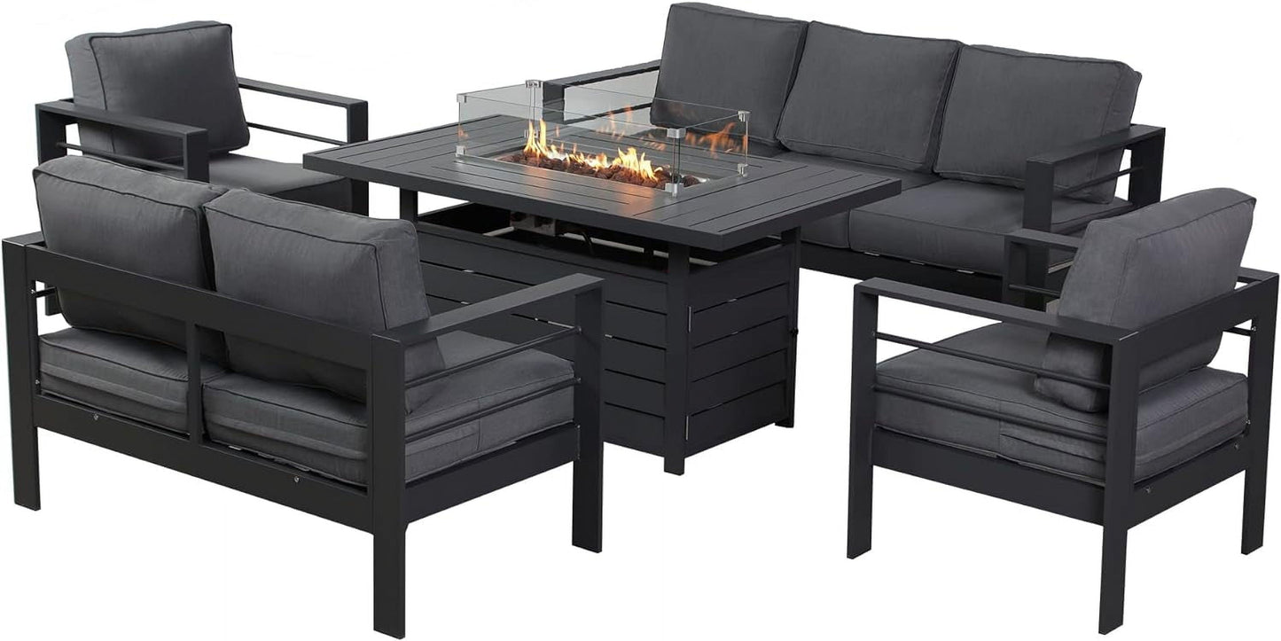 Superjoe 5 Piece Aluminum Outdoor Patio Bar Set with Fire Pit Table, Dark Gray