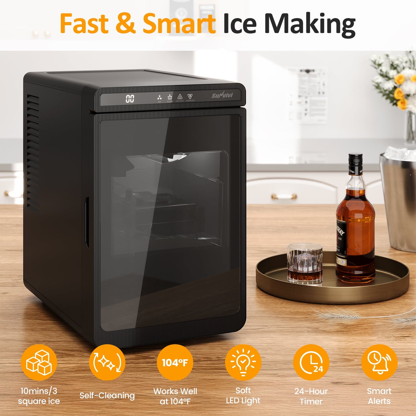 May in Color Clear Ice Maker for Home ¨C Compact Countertop Ice Machine with 1.6" Square Ice Cubes, Self-Cleaning, LED Light & Timer, Portable Electric Ice Maker for Kitchen, Bar, RV, Black