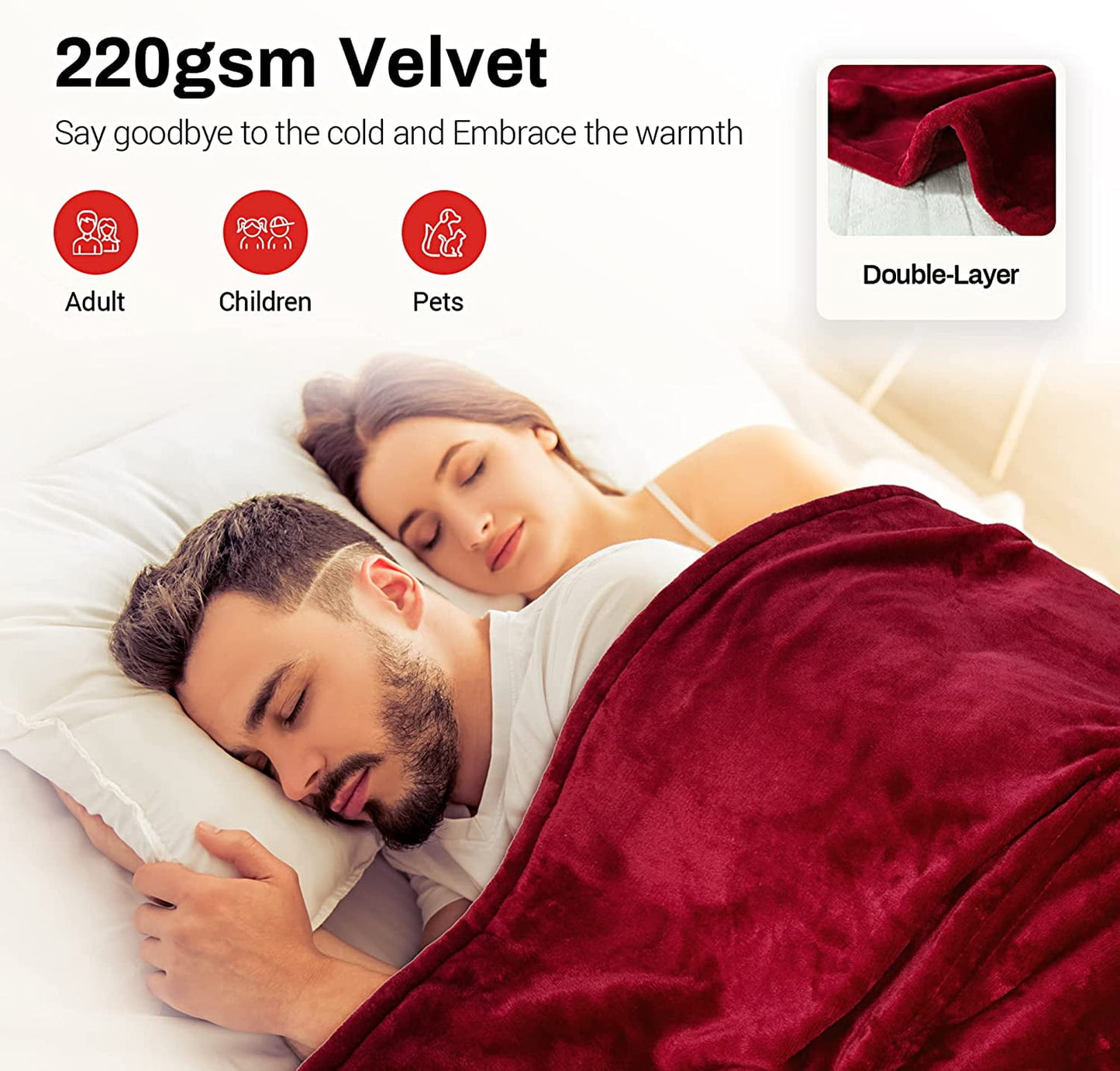 SUNVIVI Electric Blanket King Size with Dual Controllers,10 Heating Levels& 12 hours Auto-off,Overheat Protection,Red