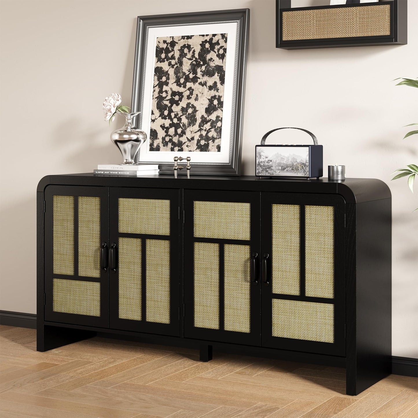 Heynemo 59'' Storage Cabinet with 4 Rattan Door (Set of 2), Boho Sideboard Buffet Cabinet with Adjustable Shelves, Large Entryway Table for Kitchen, Hallway, Dining Room, Living Room, Office, Black