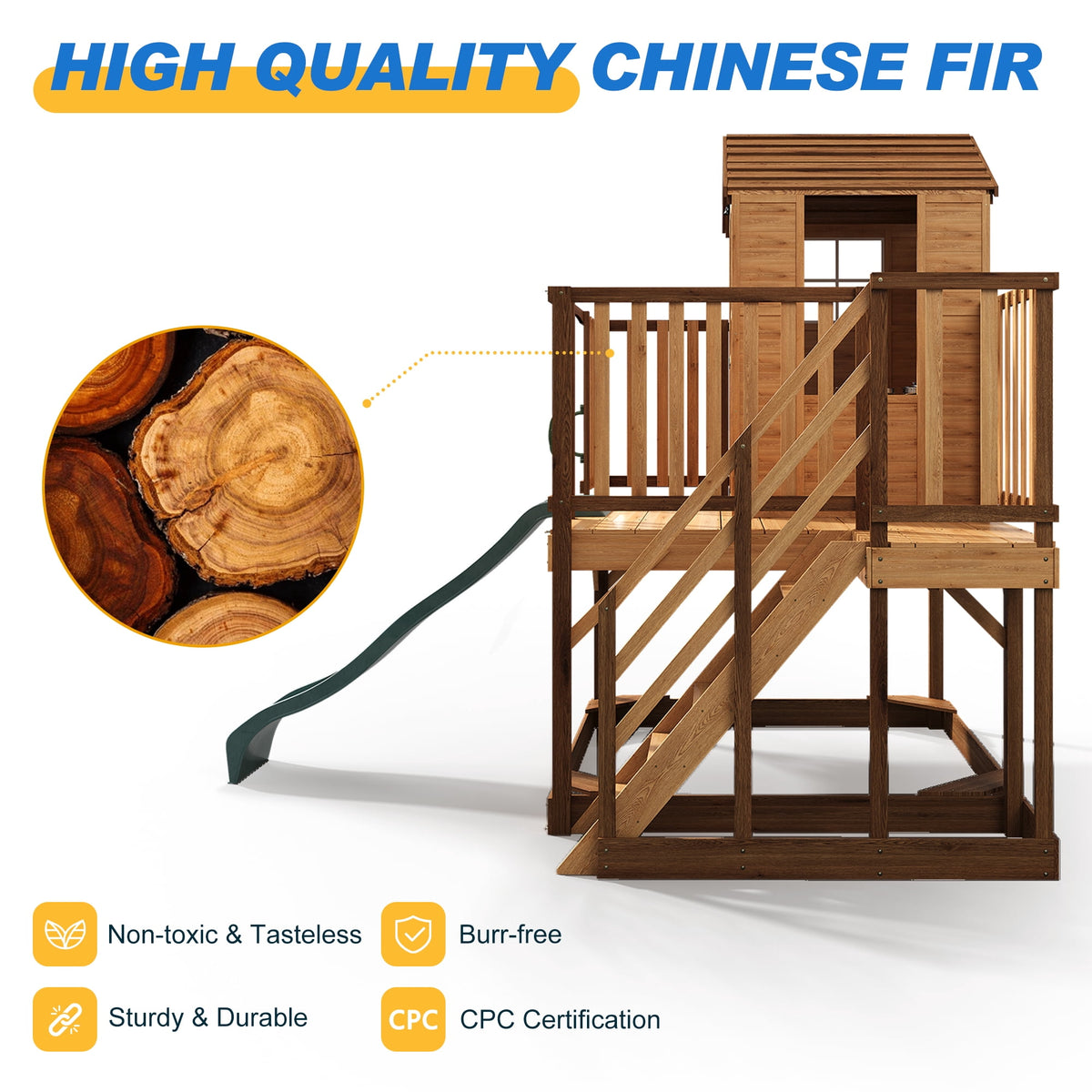 May in Color 9-in-1 Outdoor Wooden Playhouse with Slide & Sandbox - Backyard Playset for Kids Ages 3-10 - Natural Fir Play Center with Play Kitchen, Growth Chart & Safety Rails