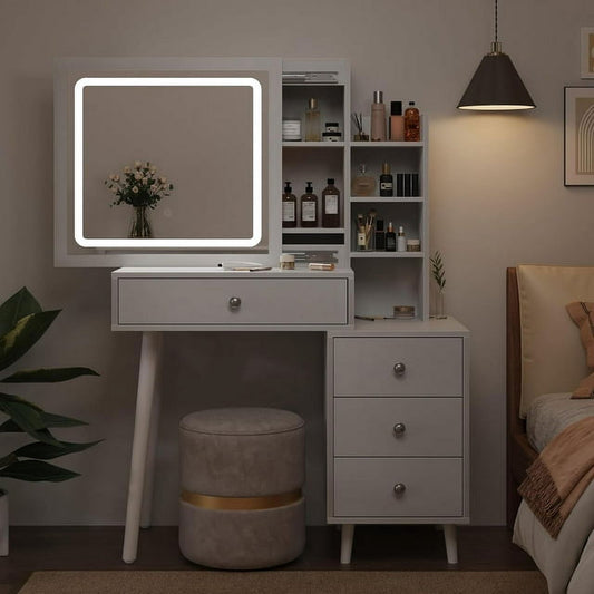 Heynemo Vanity with Mirror and Lights, Makeup Table with 3 Color Touch Light, Vanity Desk with Drawers & Hidden Shelves for Bedroom, White (Stool Not Included)