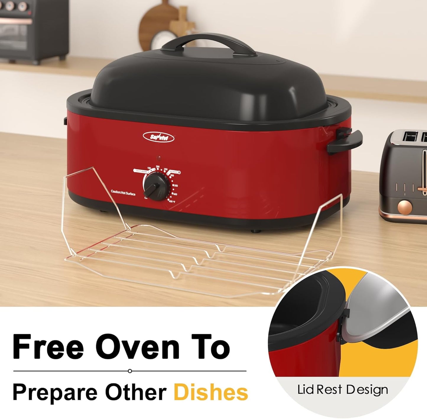 Superjoe 20QT Electric Roaster Oven, Stainless Steel Self-Basting Lid Removable Pan, Red