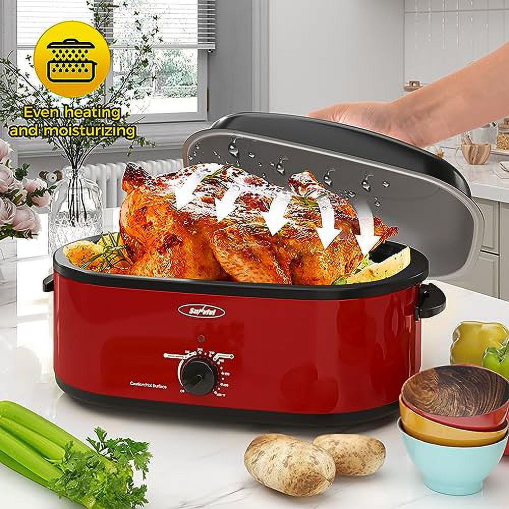 SUNVIVI 18 Quart Turkey Electric Roaster Oven with Self-Basting Lid, Stainless Steel, Red