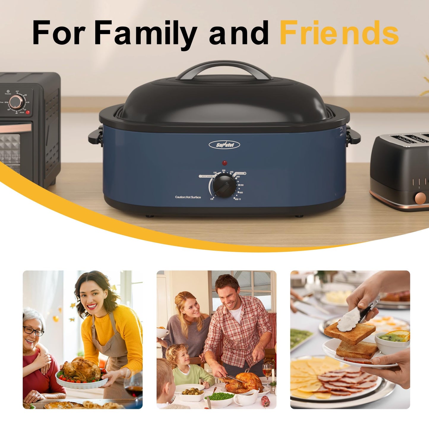 Sunvivi Roaster Oven, Electric Roaster Oven with Self-Basting Lid, 24lb 20-Quart Turkey Roaster with Unique Defrost/Warm Function, Large Roaster with Removable Pan & Rack, Stainless Steel, Blue