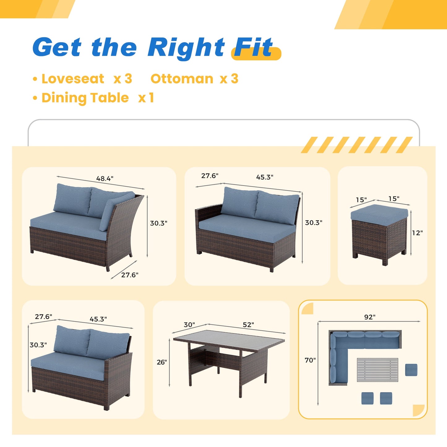 Heynemo Outdoor Patio Furniture Set, 7 Piece Outdoor Dining Sectional Sofa with Dining Table and Chair, All Weather Wicker Conversation Set with Ottoman, Blue