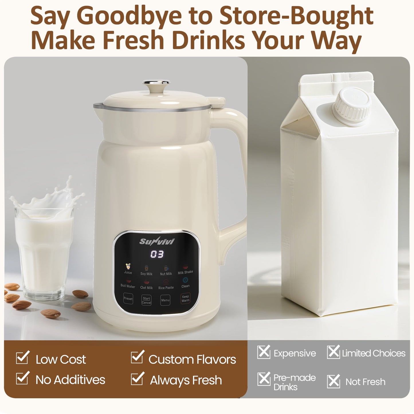 Heynemo 8-in-1 Nut Milk Maker, 60oz Soy Milk & Nut Milk Processor, Delay Start, Keep Warm, Self-Clean, Juice, Milkshake, Rice Paste