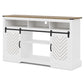 May in Color Farmhouse TV Stand, 34 Inch Tall, for 65+ Inch TV, Sliding Bar Door, Wood-Tone White