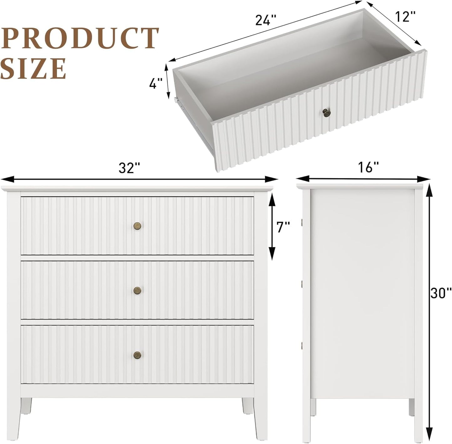 Heynemo White 30" Dressers Set of 2, Modern 3-Drawer Wood Nightstands for Bedroom, Living Room, Entryway