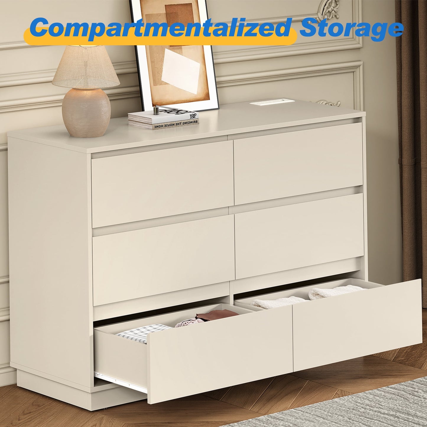 May in Color 6 Drawer Dresser with Charging Station for Bedroom, Beige