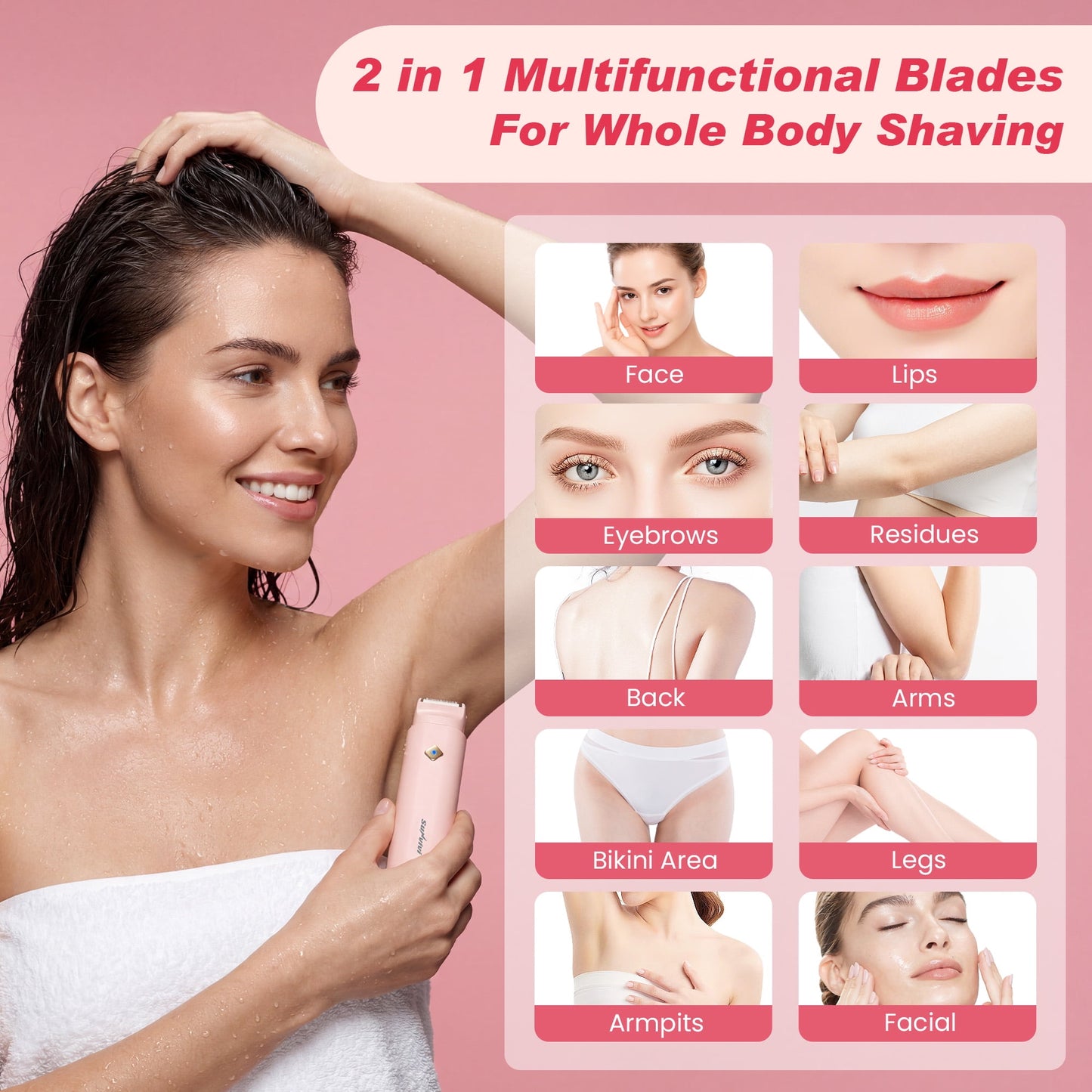 Sunvivi Versatile 2-in-1 Electric Bikini Trimmer for Women: Waterproof Pubic Razor for Face Body Bikini Underarm Leg Arm, Pink